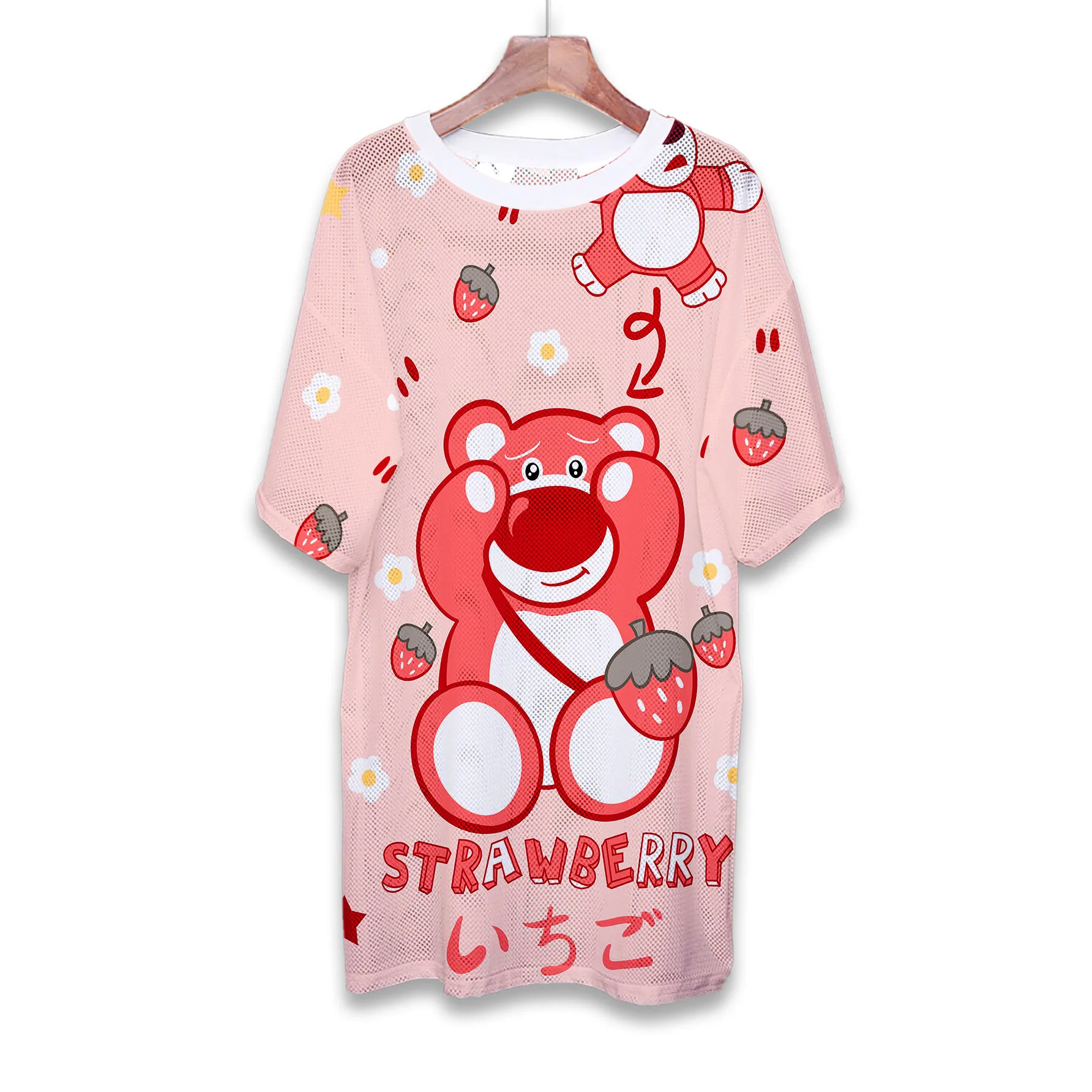 Пижама s uzorkom клубничного medvjeda iz crtića Disney, ljetna slobodna ženska majica sa kratkim rukavima, svilene nadvoji быстросохнущая spavaćica