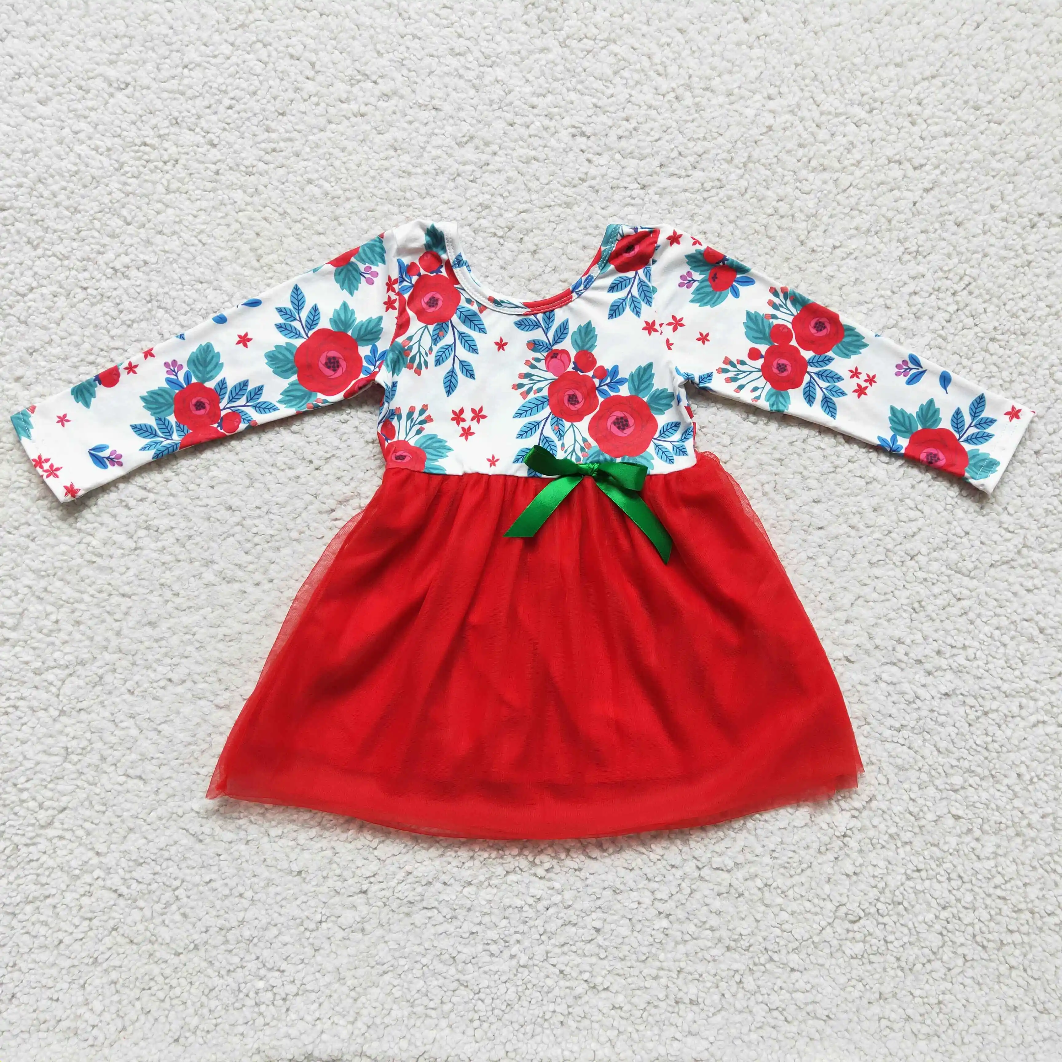 jesensko-zimska haljina s cvjetnim ispis za djevojčice, dugi rukav i lukom, dizajn crveni veo, kvalitetne setove бутиковой dječju odjeću