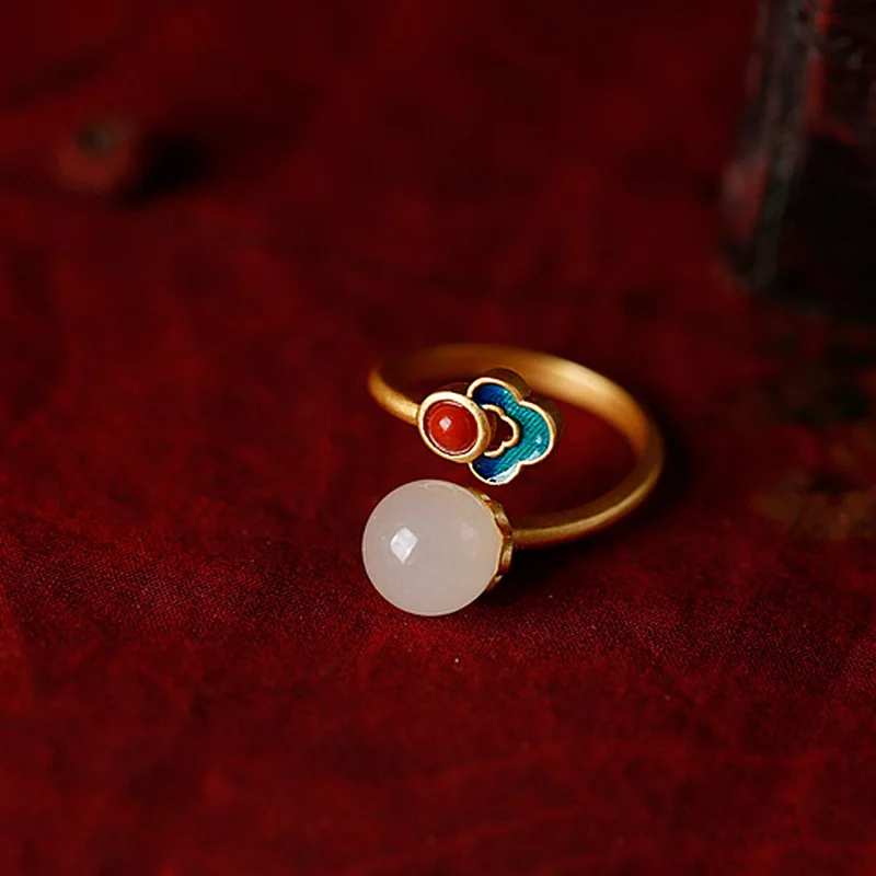 Starinski dizajn drevnog pozlaćena zlatnog i тяньского jade prsten s эмалированным ženski open prstenom u kineskom stilu