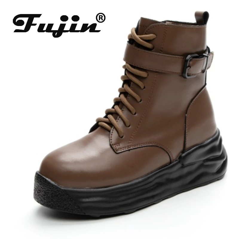 Fujin 7,5 cm, Zimske Čizme od prave kože Kravlja koža u britanskom stilu, Tenisice na Platformu Ženske Jesensko-proljetni Cipele, Ženske Cipele na Munje