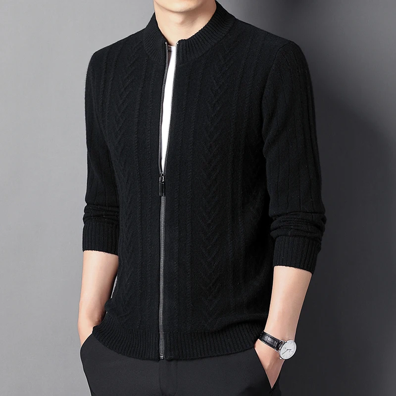 Muški džemper od čiste vune, kardigan na munje, jesensko-zimski жаккардовый korejski jakna sa стоячим ovratnik, obložen muški pulover