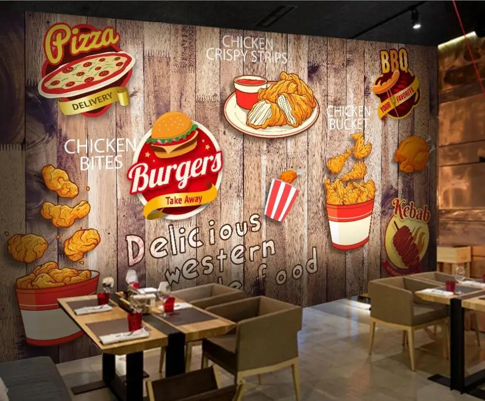 Običaj 3D zidne tapete, ručno oslikane pržena piletina burger zapadni restoran zidne ukrasne slike