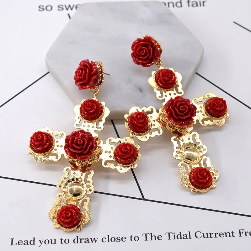2019 Berba cvjetni naušnice s križem, modni nakit za žene