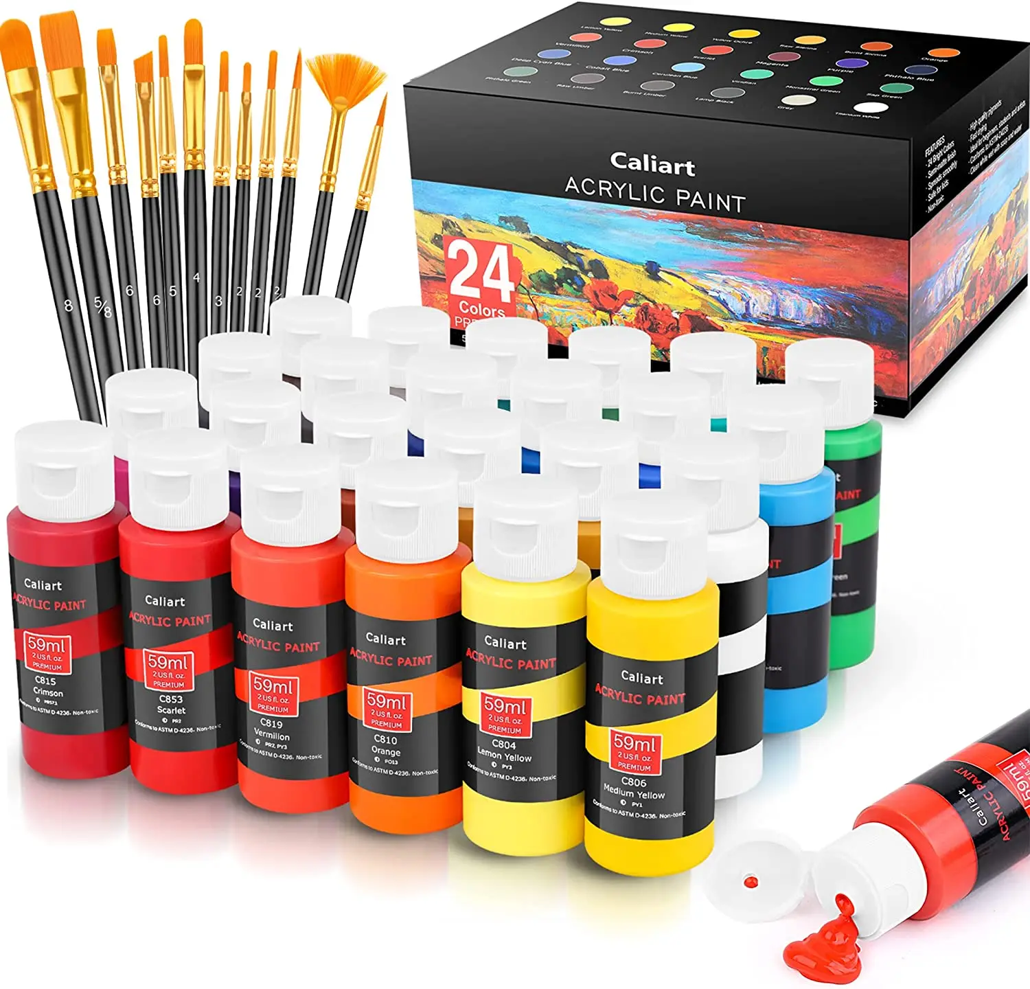 Set akrilnih boja, 12 četke, 24 boje (59 ml, 2 unce), Umjetničke boje za umjetnika, Djece, Učenika, početnike i umjetnika, Platno
