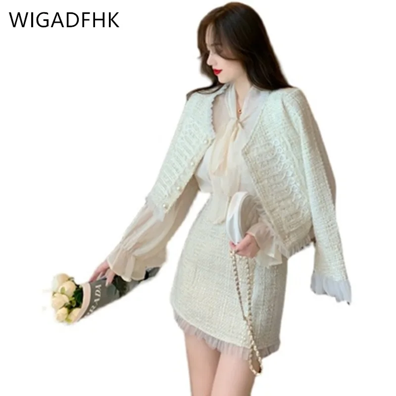 Jesensko-zimskom ženski modni tvida komplet od dva predmeta 2021, marelica čipke kratka jakna + mini suknja, šik kit iz 2 predmeta