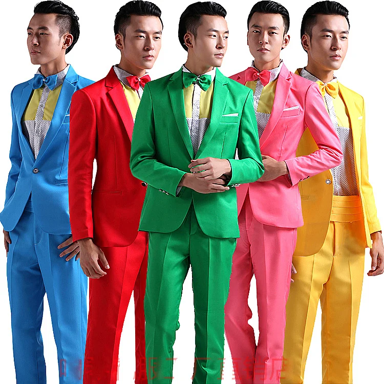 Nova moda Noćni bar pjevač Muški Crvena Žuta Zelena Plava Pink mozaik Tanko odijelo Scenski prikaz blazers Jakna + hlače