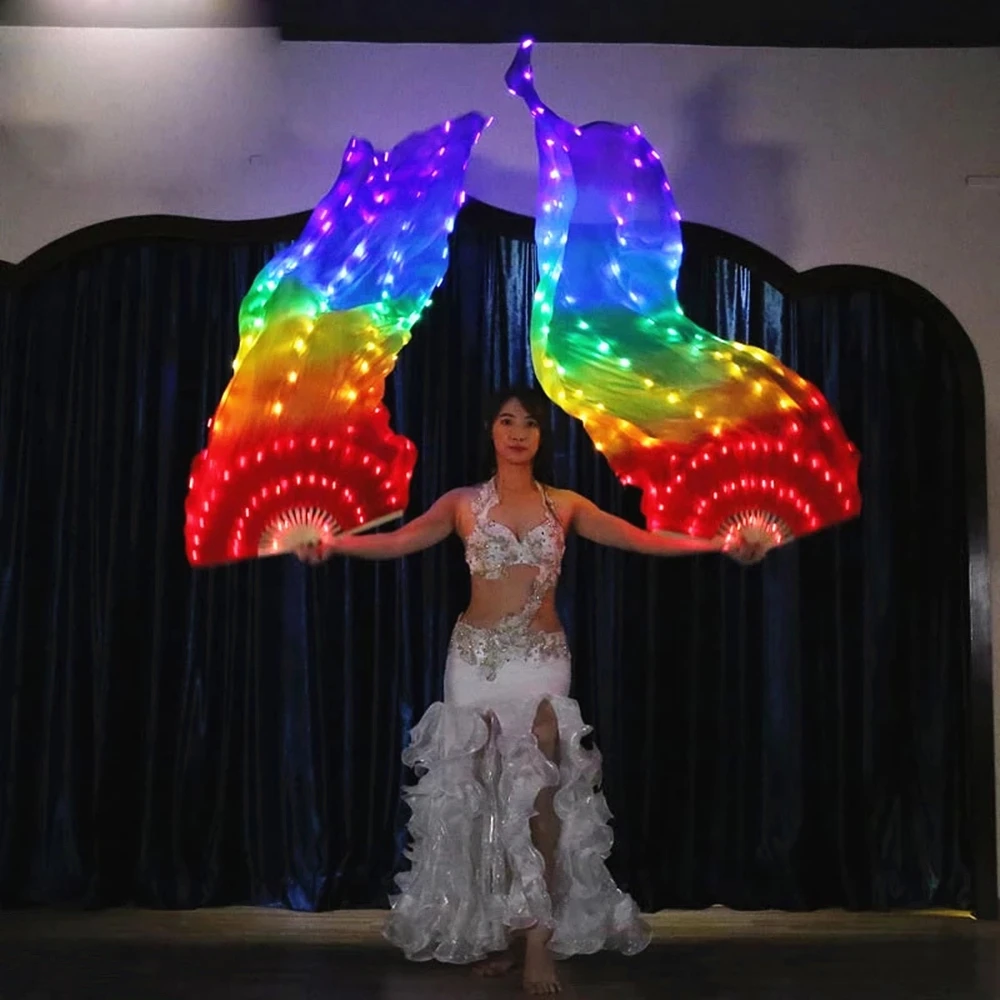 100% Svila LED Rainbow Ples Dug Navijač Trbušni Ples Rekvizite Za Nastupe Trbušni Ples Kineski Ples Led Ventilator 1 Par s Baterijom