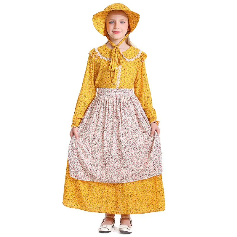 Dječja Žutu Haljinu Пионерки Prerija u Kolonijalnom stilu s Cvjetnim Uzorkom Za Djevojčice