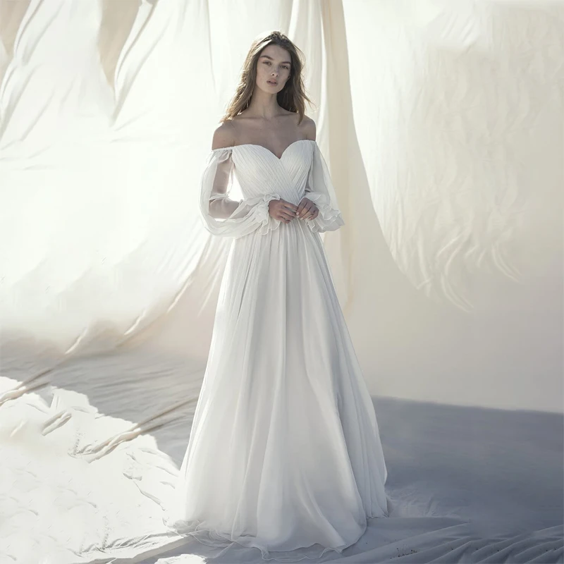 Elegantne Vjenčanice S gola ramena i Bujne Rukavima 2021 Trapeznog Oblika šifona S Vlakom Vjenčanica Glam Princess Vestido De Novia
