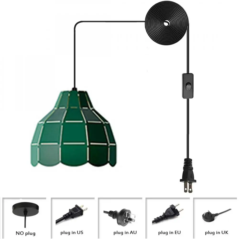 1-lampa, mali viseći svijećnjak s utikačem i kabelom, Industrijski вставной viseći svijećnjak, tamno zelena završiti, Iron stropna svjetiljka