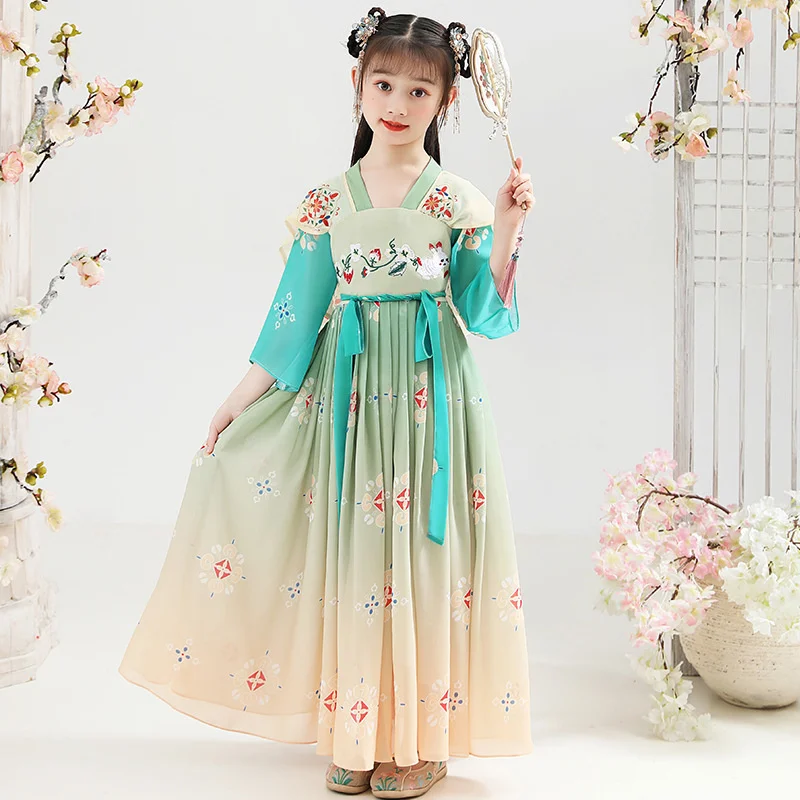 Ljetna haljina Hanfu za djevojčice na 2023 godine, Novi Kostim Princeze doba Tang, Drevni Odijelo u kineskom stilu, V-oblika dekoltea, Patchwork dječje odjeće s Vezom