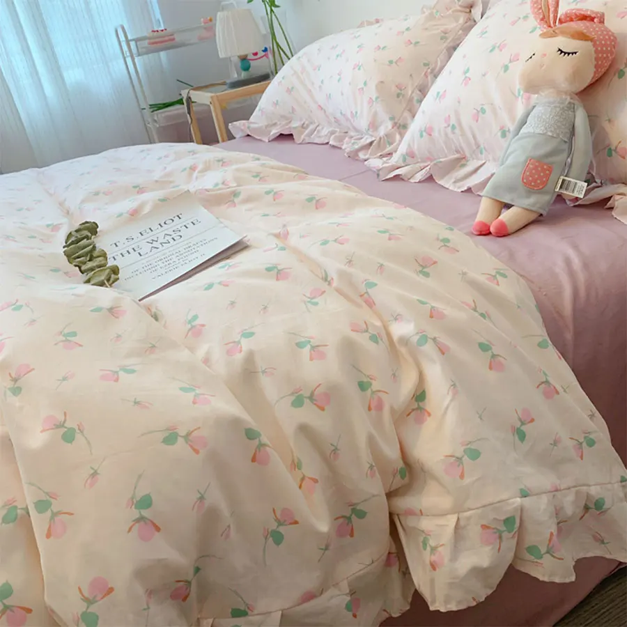 Romantična bajka pink cvjetni set posteljine, fini slatki pamuk twin cijeli kraljica domaće tekstilne krevetu jastučnicu deka