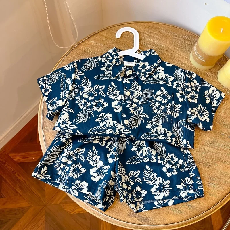 Ljetni komplet dječje odjeće 2022 godine, Odjeća za odmor s Cvjetnim Ispis za dječake, Majice s kratkim rukavima i lapels, komplet gaćice