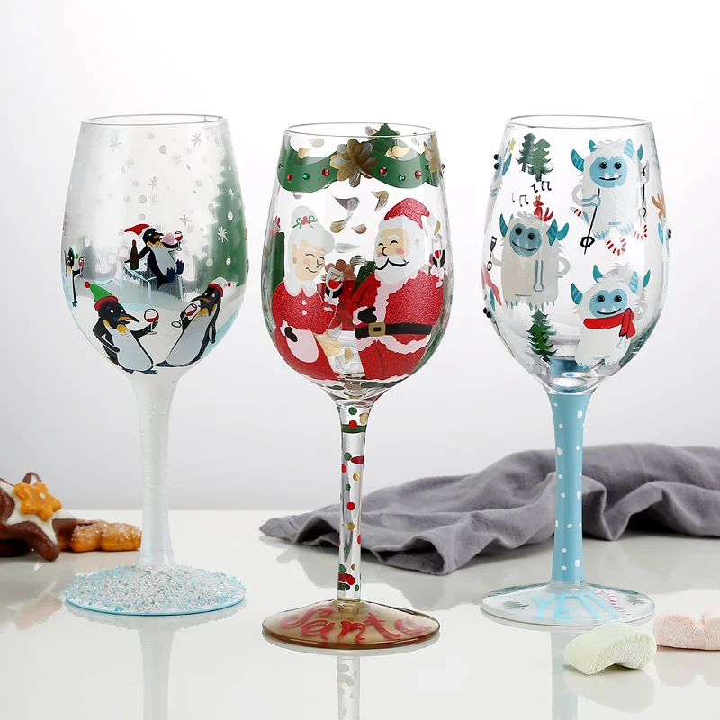 Ovog de natal pintado à mão copo de vinho artificial papai noel unicórnio copo de vinho de cristal pintado