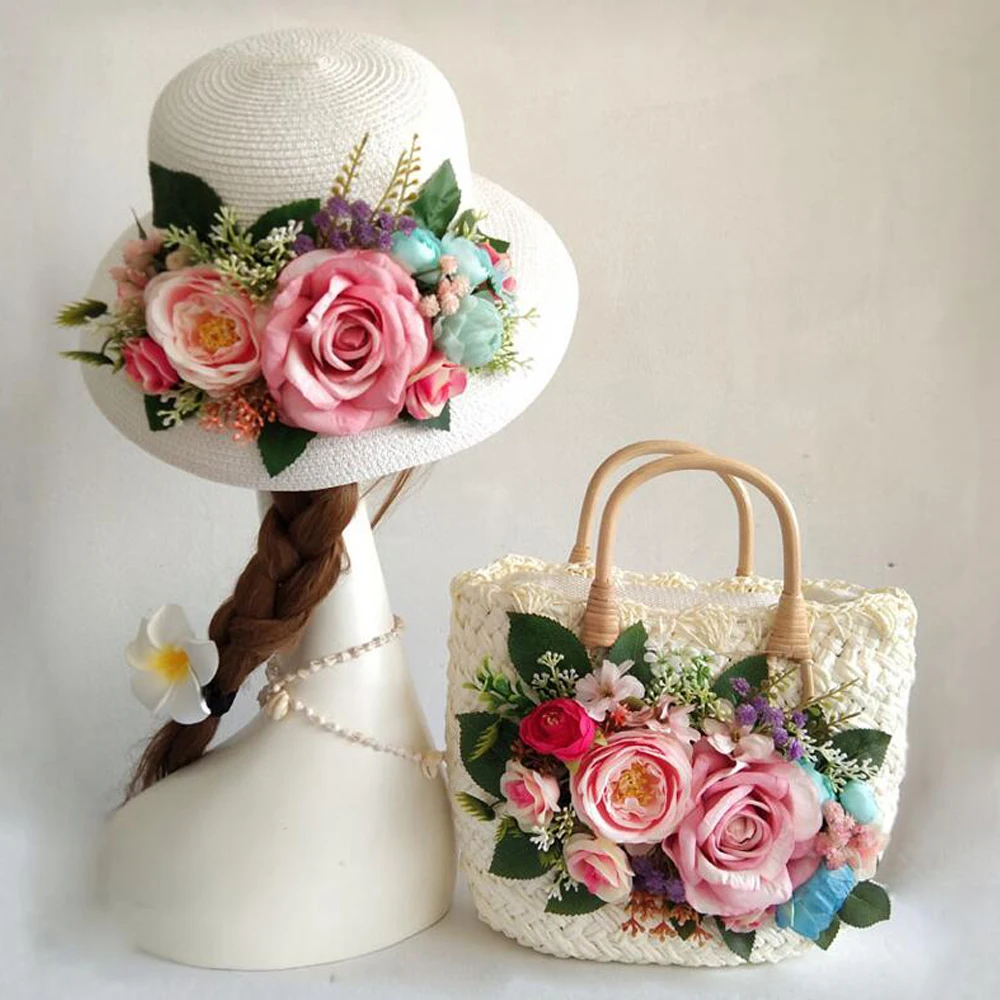 Elegantan ženski slamom torba s солнцезащитной šeširom, Torbu s cvijećem ručni rad, ženska plaža torba, moderan štitnik za sunce za djevojčice, UV-zaštita, panama