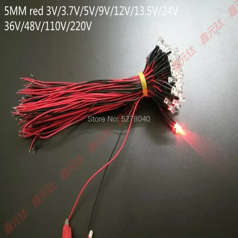 5 MM crvena žarulja žarulje 3 3,7 5 9 12 13,5 24 36 48 110 220 kabel za Povezivanje s pozadinskim osvjetljenjem, indikator 10 kom./lot