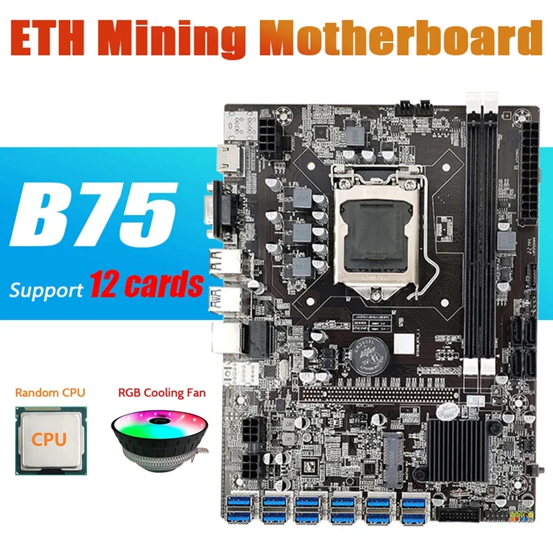B75 Matične ploče za майнинга ETH 12 PCIE USB-adapter + procesor + RGB ventilator LGA1155 DDR3 MSATA B75 USB Matična ploča BTC Miner