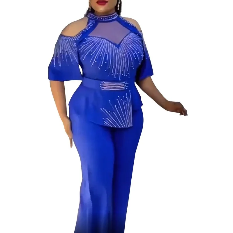 2022 Ljetna Moda Afričke Žene S okruglog izreza Poliester Bijela Žuta Plava Zelena Kompleti iz dva Predmeta Top i Duge Hlače Afrički Odijelo