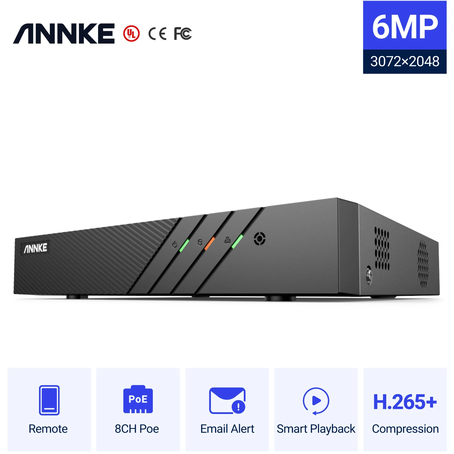 ANNKE H. 265 + 8-KANALNI PoE NVR za sustav IP sigurnosnih kamera 6MP/5MP/4MP/1080p/720p sa 8 portova PoE Podržava hard disk kapaciteta do 6 TB