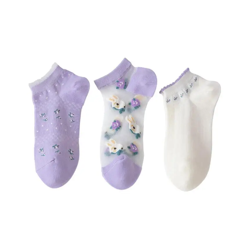 Nova Kolekcija Proljeće Ljeto 2022 Žena Ljubičasta Transparentno Svakodnevne Slatka Čarape Ženski Cvijet Korejski Stil Čipke Pamuk 10 Parova