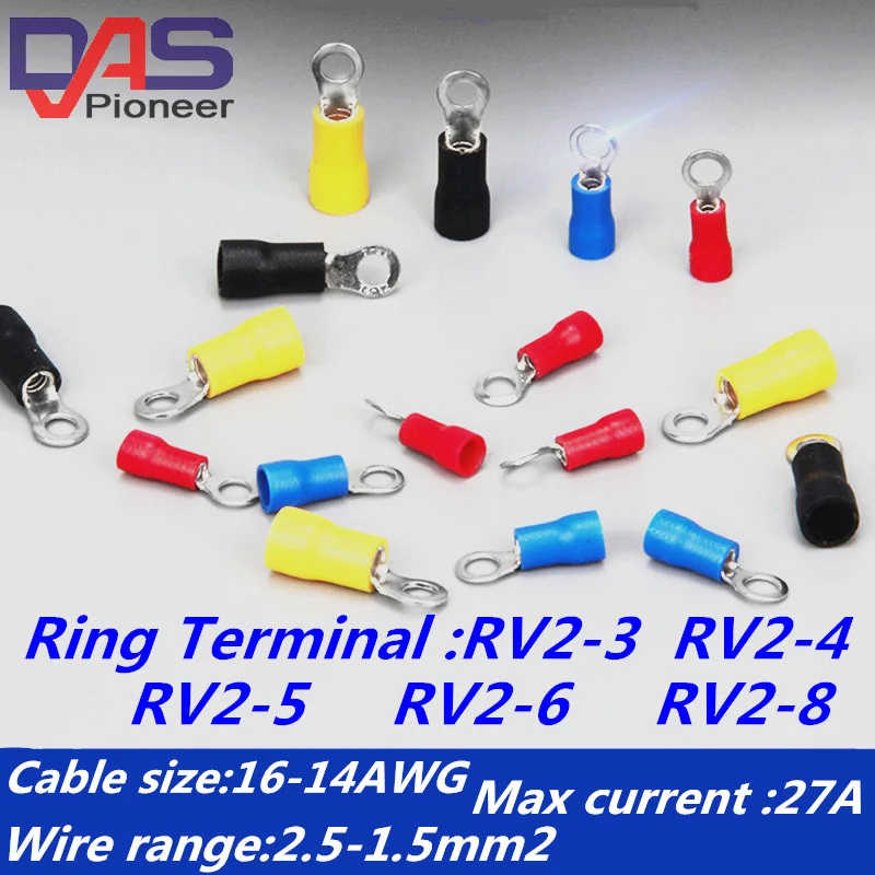 100pc RV2.-6 # 10 Veličina štap s plastičnom izolacijom Prsten stezaljke za 16-14 AWG-a, 1,5-2,5 mm2 žice, Maksimalna struja 27A