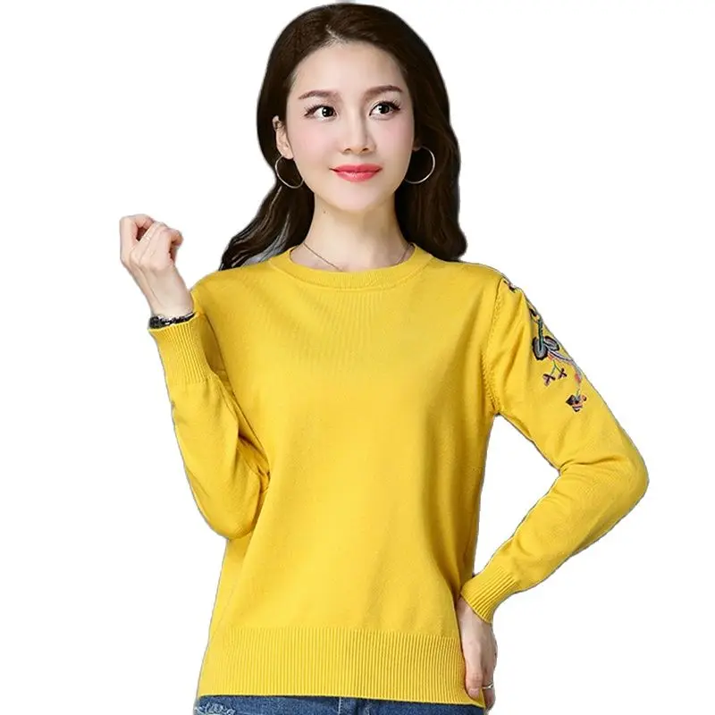 2021 novi stil, ženski dugačak džemper s kratkim rukavima, jesensko-zimski однотонный džemper dugih rukava i vezom.