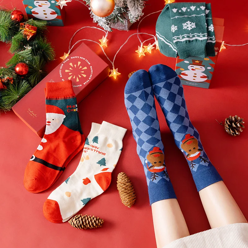 Nove Božićne Čarape, Ženske Zimske Tople Srednje Čarape Božićne Slatka Visoke Čarape 5 Parova Poklon Kutija Pamučne Čarape