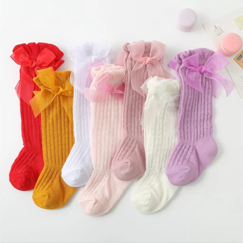 Duge čarape novorođene djevojčice, Običan slatka Prozračna slobodan čarape s lukom Princeza, Čarape iznad koljena, 0-24 m