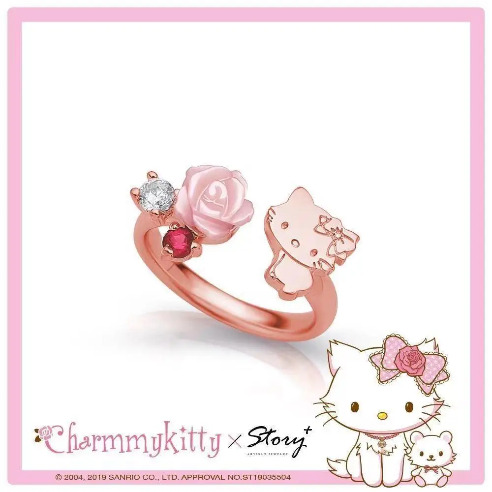 Sanrio Hello Kitty Prsten od Ružičastog Zlata Slatka Slatka Isti Crtani Jedinstveni Prsten s Ružom za Žene Kwaii Nakit Poklon za Rođendan Djevojke