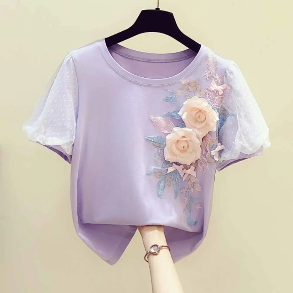 Vez Primjena 3D Cvijeće Majice Ženske 2022 Ljetni Modni Majice S Okruglog Izreza i Kratkih Rukava Korejski Majice