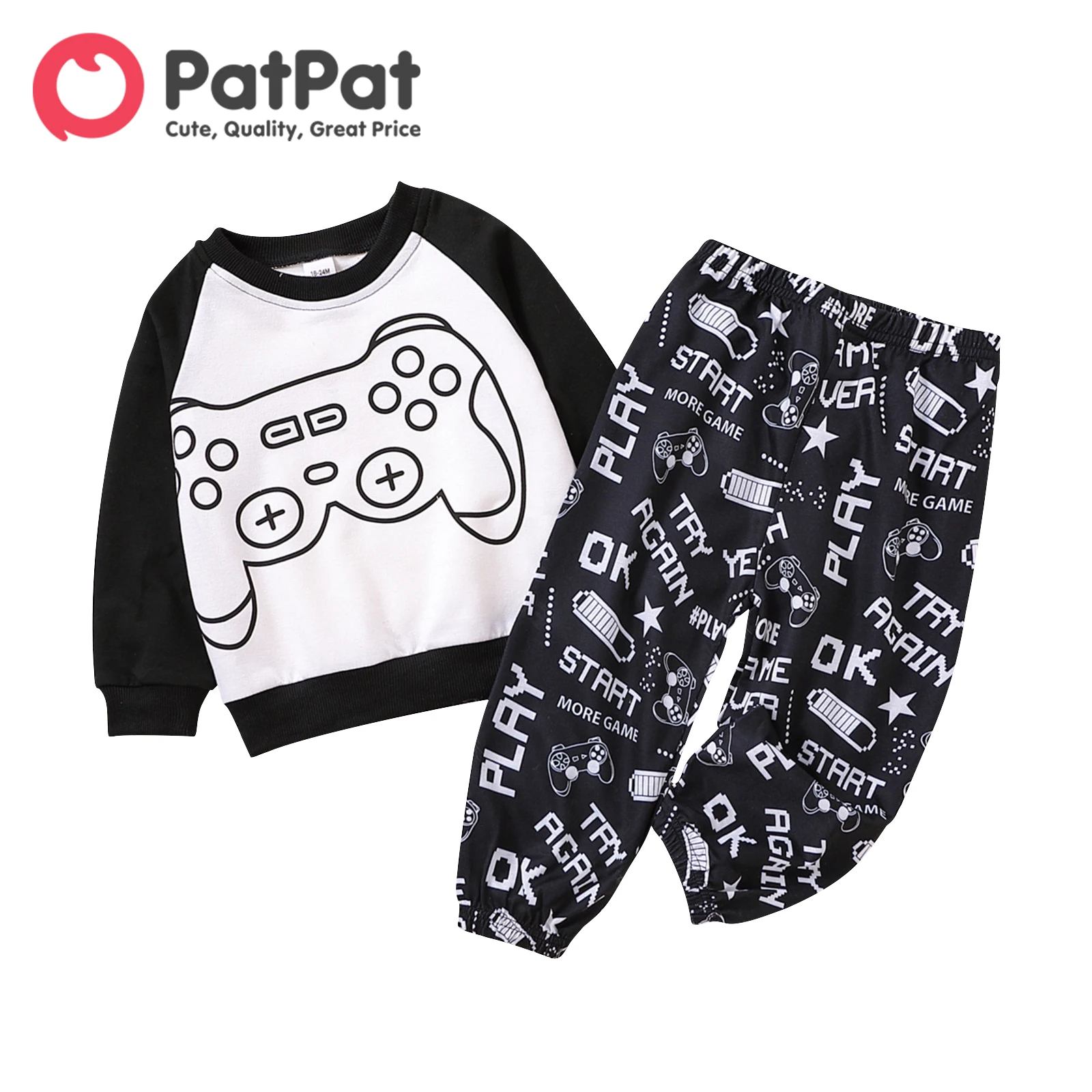 PatPat Komplet od 2 predmeta za male dječake s rukava реглан i геймпадом, Grafička majica i Sportske hlače