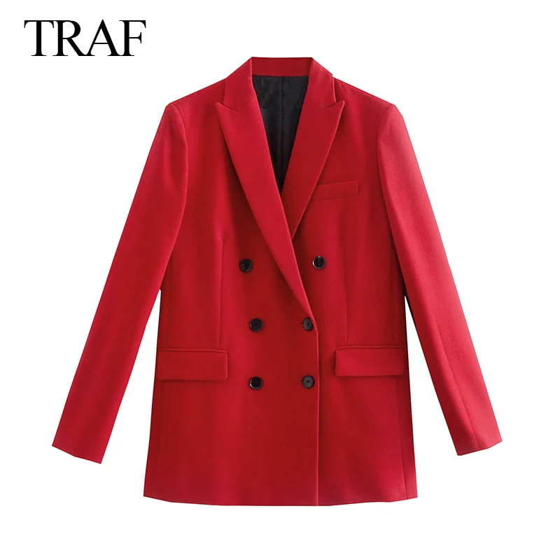 Ženska odjeća TRAF, crvene blazers, proljeće-jesen Modni Jakna, Двубортные blazers s džepovima Jakne Za Rad, ureda, poslovnih