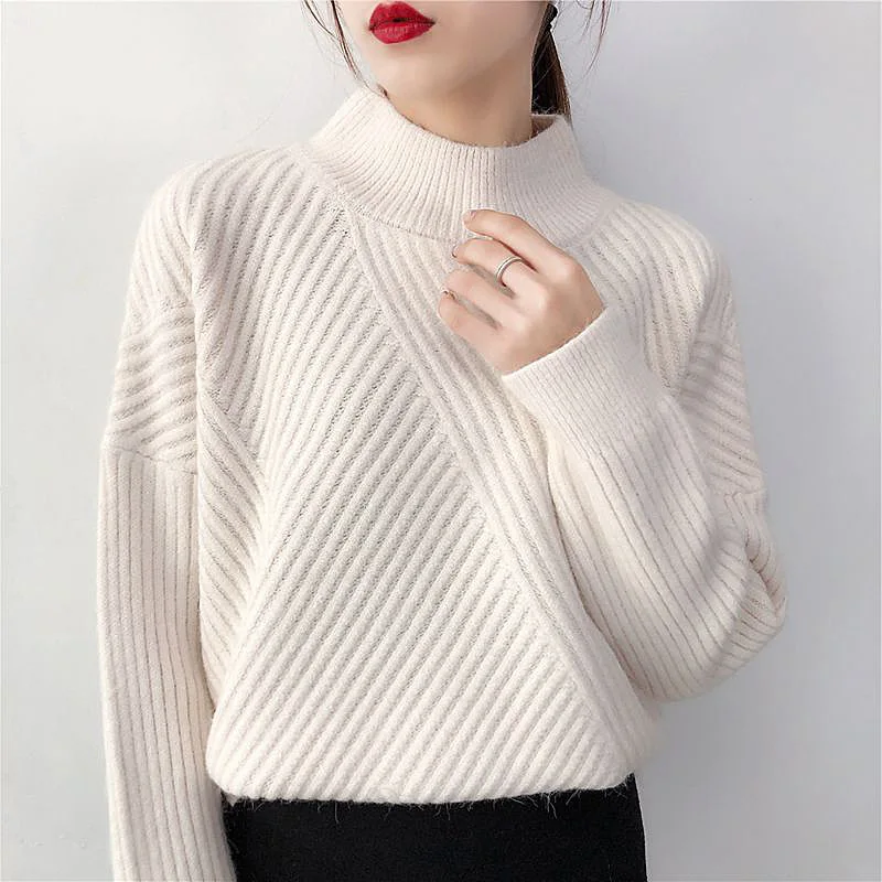 Nove jesensko-zimske puloveri, ženski pulover s visokim воротом, slobodan okrugli izrez, monotono košulja u диагональную strip dugi rukav