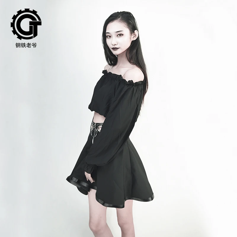 Gotički Suknje u Stilu punk, Ženska Crna Mini suknja, Metalni Prsten, Ukras, Otvorena Suknja Trapeznog Oblika