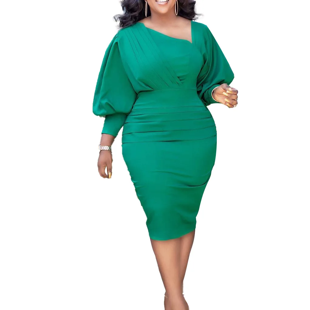 2022 Ljetno Elegantan Afrički Ženske haljine sa V-izrez i Dugi Rukav, Zelene, Plave, Žute boje, dužine do koljena, Afričke Haljine za Žene