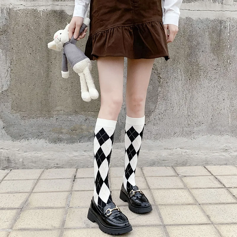 Klasicni ромбические čarape za žene za jesen i zimu, debele, tople, tanke, visoke, svestran, slatka i slatka čarape JK
