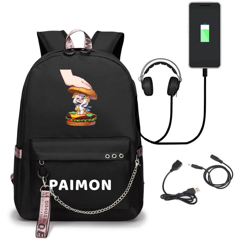 Slatka Ruksak za Hitne Hrane Paimon sa USB-Priključkom za Punjenje Genshin Impact Cosplay Bookbag za Dječake i Djevojčice, Dar, Školski Mochila