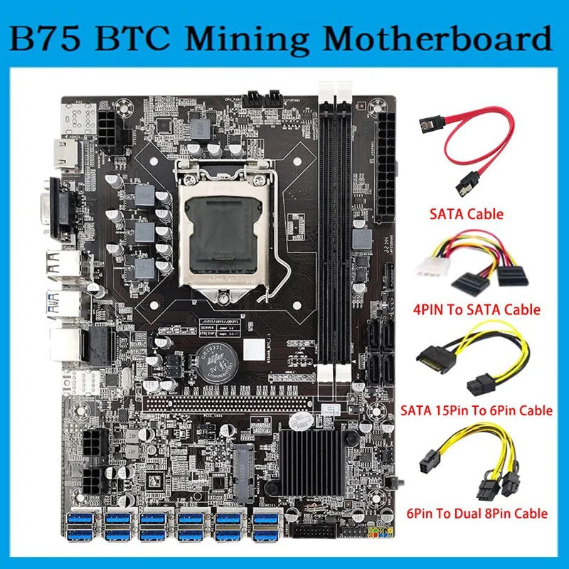 B75 Matične ploče za майнинга ETH 12 PCIE USB LGA1155 DDR3 SATA na 6Pin kabel + 4PIN na SATA kabel + 6Pin za duplo 8Pin kabel B75
