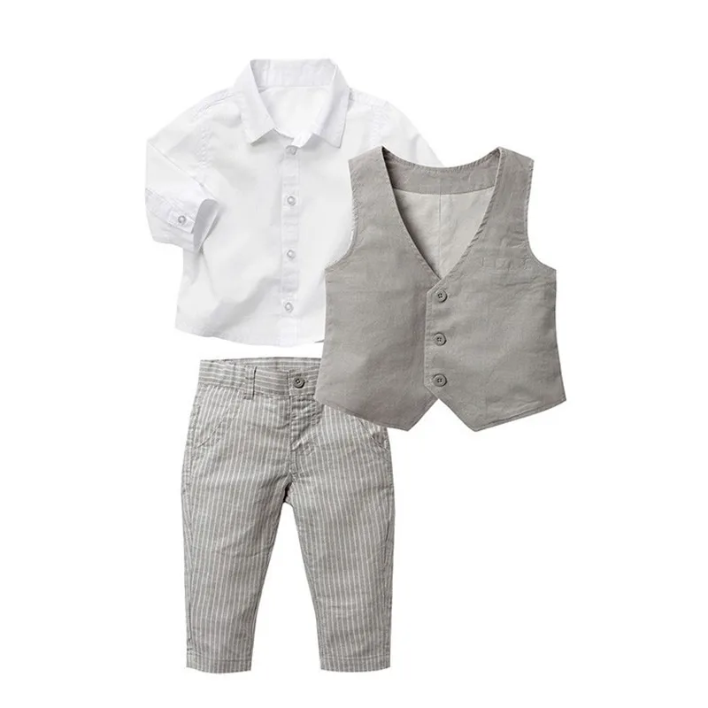 DFXD/Odjeća za male dječake, Novo 2018 godine, Proljeće Kompleti odjeće za male dječake, bijela bluza, Košulja + sivi prsluk i kaput + Hlače na pruge, 3 predmeta, od 2 do 5 godina