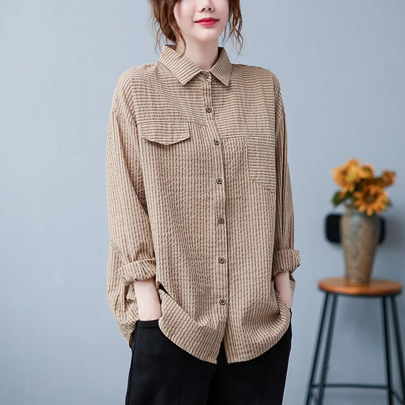 Ženske Pamučne Majice Dugih Rukava, Novi Dolazak 2021, Jesen, Korejski Stil Vintage Prugasta Free Ženski Svakodnevne Vrhovima B1358