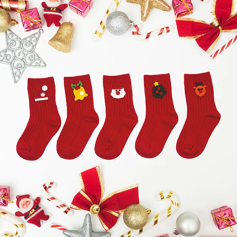 2023 Christmas Baby Pamučne Crvene Čarape za djevojčice, Pamučne Čarape Ins za Male Dječake, Poklon za Novu godinu, Lot/5 parova, Odjeća od 1 do 12 godina