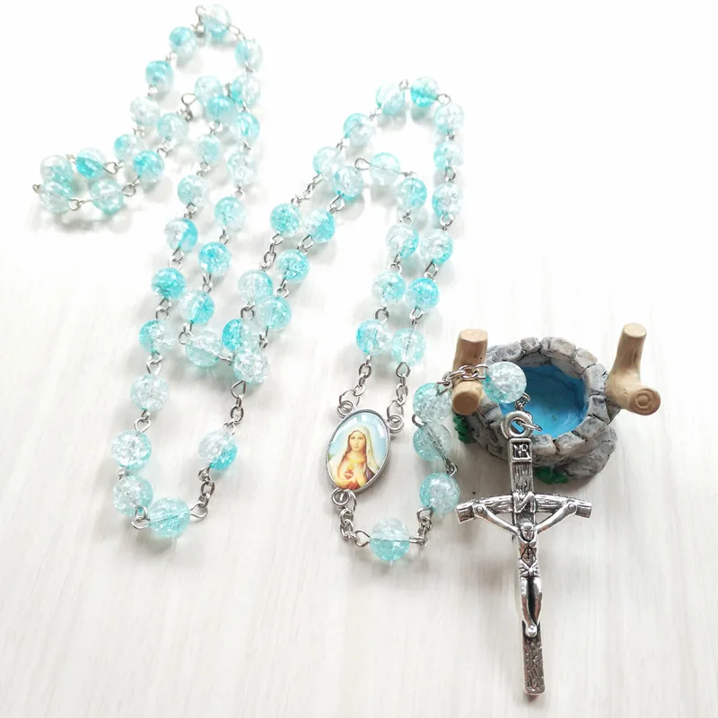 8 mm Plave Akrilne Perle, Ručni Rad ROSLIN Katolička Molitva Ogrlica Isus Križ Privjesak Šarm Lanac Ljepota Nakit