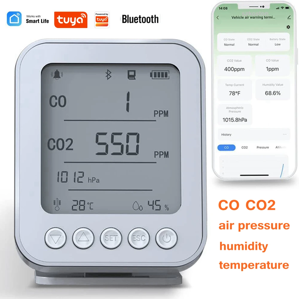 5 u 1 Tuya Bluetooth Višenamjenski CO2 Monitor Pametna kuća CO2 CO Vlažnost Temperatura Senzor Tlaka Otkrivanje u realnom vremenu