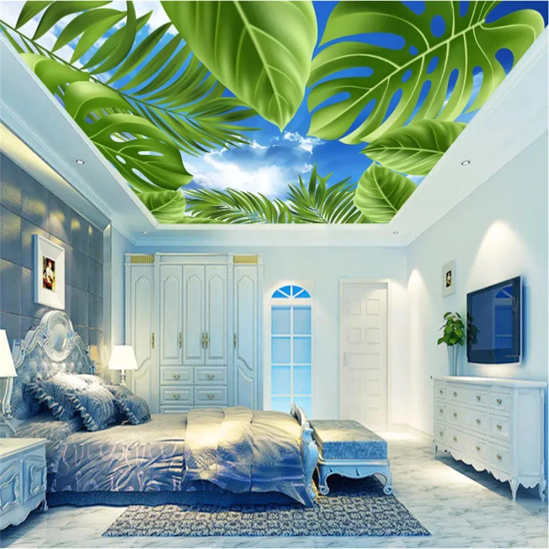 beibehang Prilagođene 3D desktop Moderno Plavo nebo i bijeli oblaci biljka banana leaf Hotel dnevni boravak strop zenit freska 3D desktop