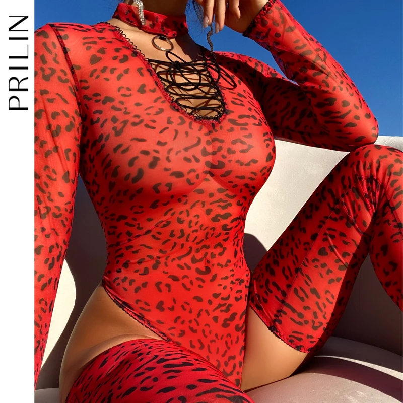 Donje Rublje PRILIN Leopard S Čarapama, Crveni Prozirni Bodi, Ženska Odjeća čipka-up S Dugim Rukavima