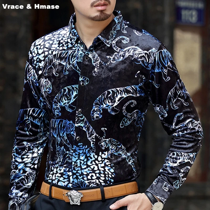 Kineski stil, kvalitetna košulja s dugim rukavima i po cijeloj površini životinja, Jesen 2017, Novi zlatni baršun soft svilenkasta kvalitetna muška košulja M-XXXL