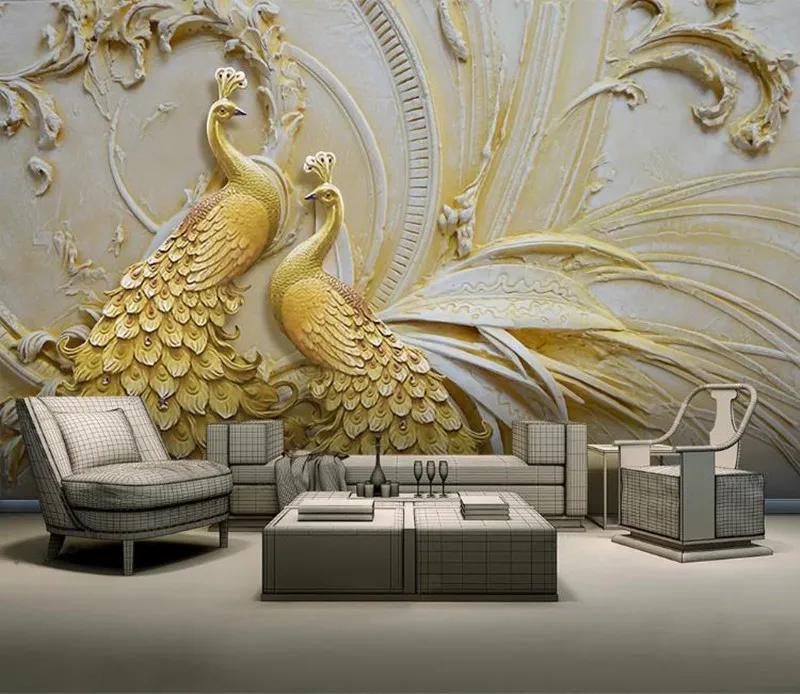 3D Pozadine Po mjeri Trodimenzionalni reljef zlatni paun Zidno Slikarstvo u dnevnom boravku Nove Tapete Kućni Dekor