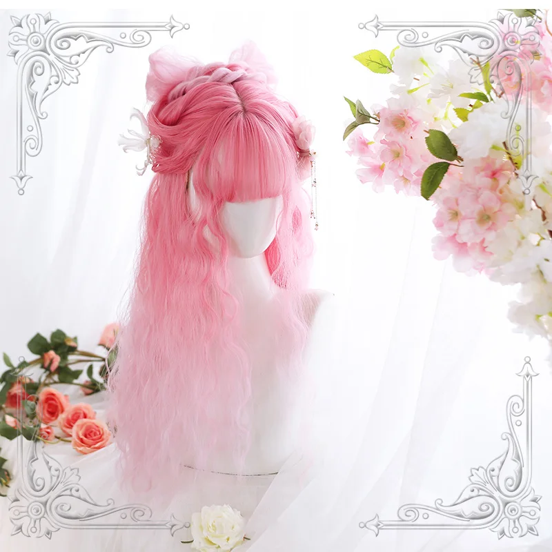 Visoka Kvaliteta Lolita Sakura Pink Svakodnevni Djevojka Ovce Kovrčavu Dugu Kosu Lak Zračni Šiške Perika Cosplay Party