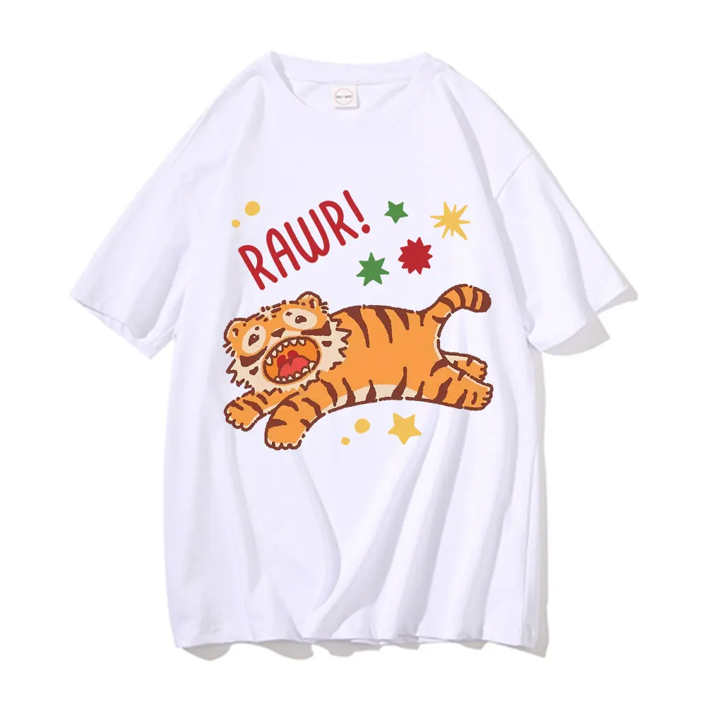Zabavna majica Tiger Rawr, t-shirt Tiger Roars sa Zvijezdama, Muška i Ženska Runo Moda Majica, Muška Slatka Ulica odjeća, Unisex Majice Оверсайз