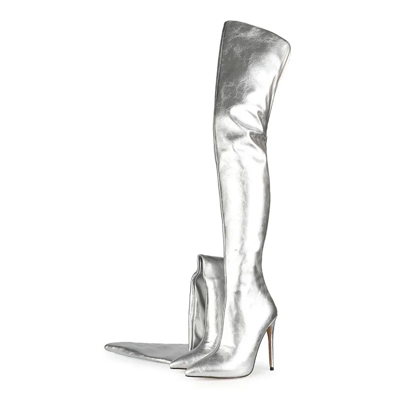 2021 godine, Zimske Modne ženske cipele na ukosnica s oštrim vrhom i patent zatvarač straga, Ukusan čizme iznad koljena, Velike veličine 47, Novo